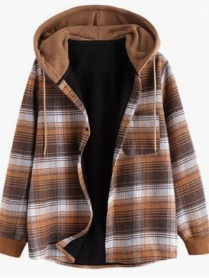Brown Check Fleece-Lined Hoodie Jacket