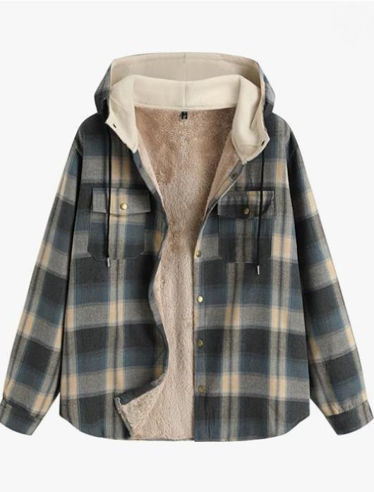 Blue Beige Plaid Fleece Hoodie Jacket